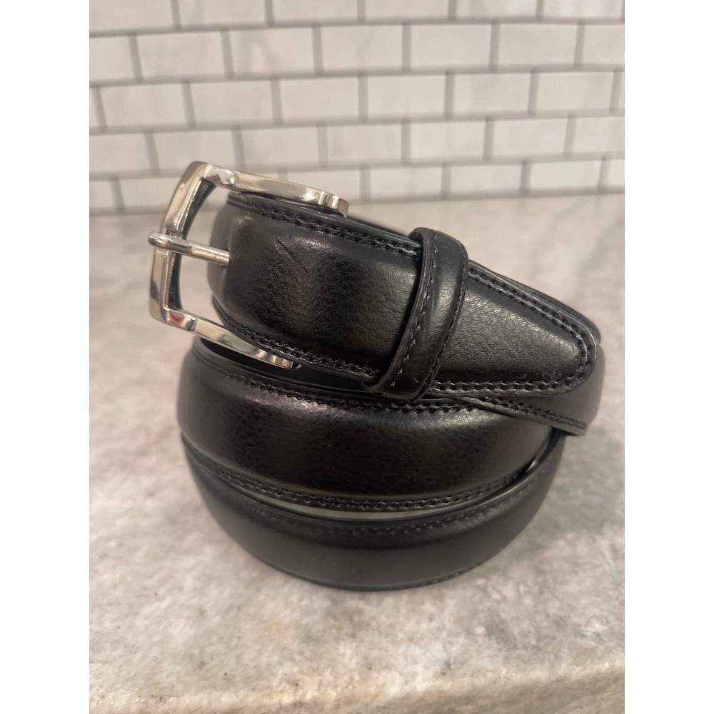Dress Belt Mens 46 Black Bonded Leather Classic Belt Silver Buckle